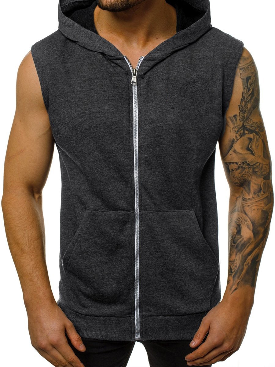 Het dragen van een zomerslanke mode-fitness-sportmouwloos vest voor heren, vest met capuchon, trendy heren
