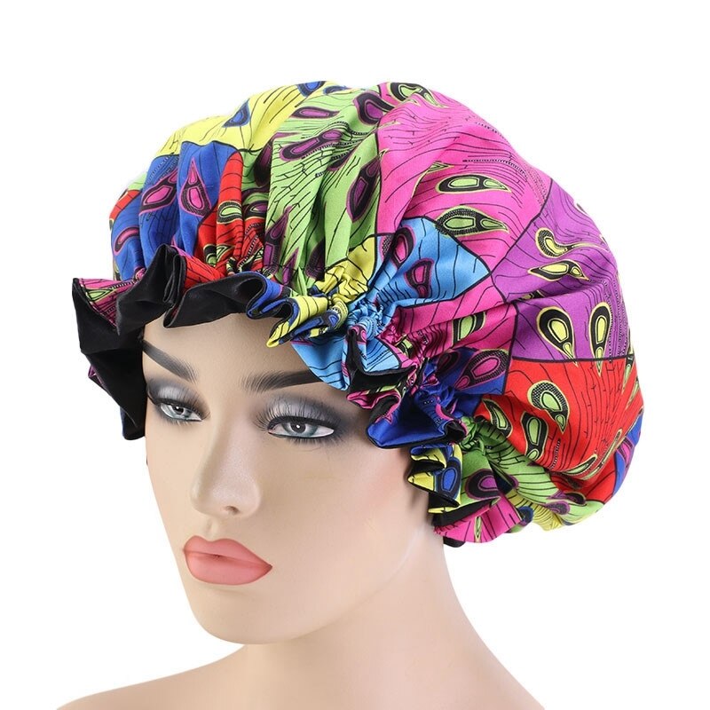 Extra grande taille cheveux casquettes modèle africain Satin Bonnet grande vague bord nuit sommeil casquette femmes fleur Turban outil de coiffure: Square Peacock