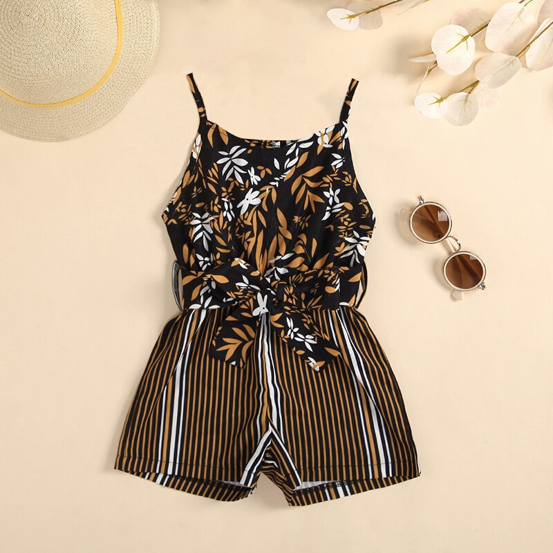 Sommer Strampler Für Kleinkind Baby Mädchen Streifen Blumendruck-isolationsschlauchbüGel Jumpsuist mit Taille Gürtel Kleinkind Outwear 2-7 jahre