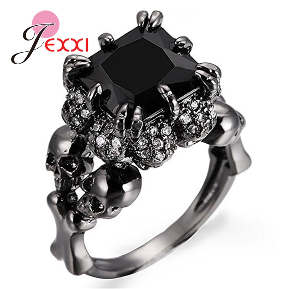 Statement Gothic Black Gun 925 Sterling Silver Retro Skull Rings for Women Shiny CZ Crystal Prong Set Halloween Party Jewelry