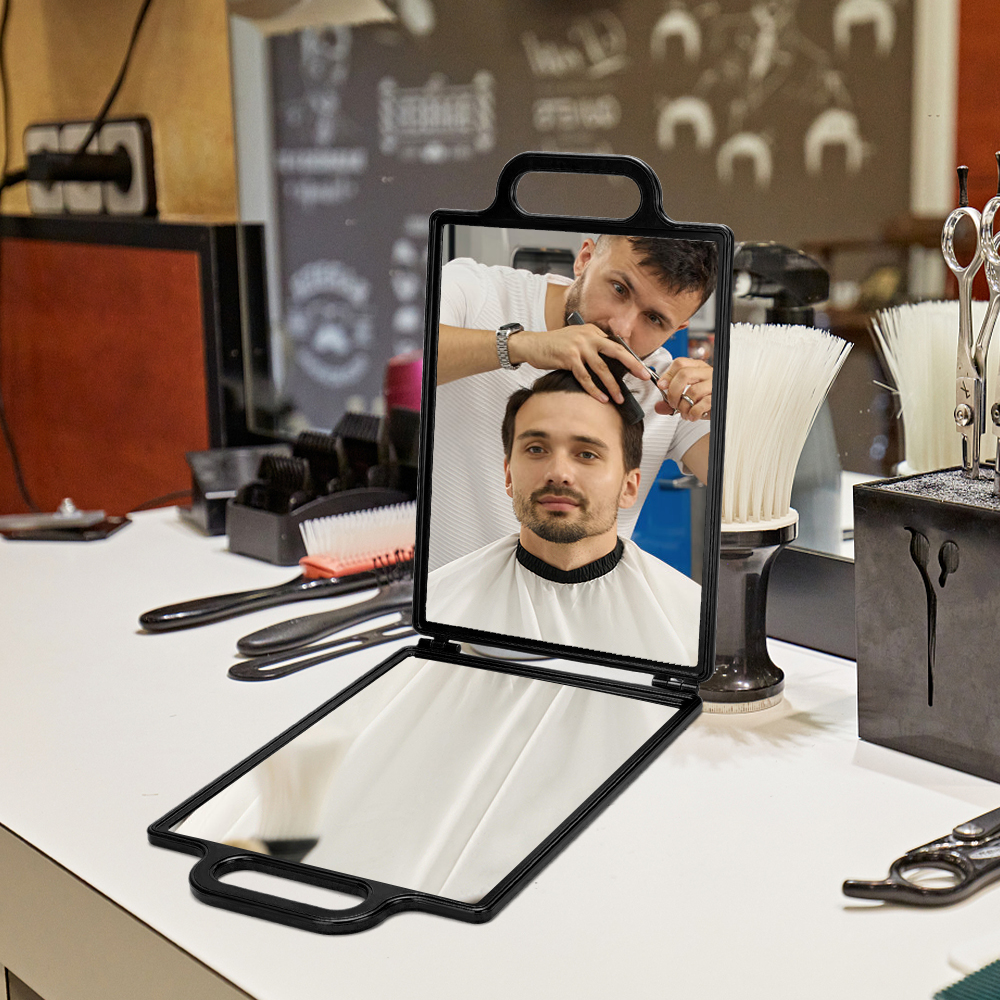 Espejo plegable de doble cara para barbería, espejo retrovisor para peluquero, espejo de peluquería portátil de mano con corte automático