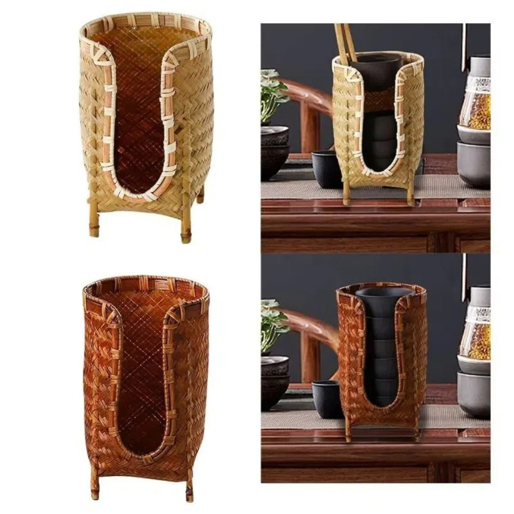 Portavasos tejido de bambú, cesta de almacenamiento de tazas de té Retro hecha a mano, dispensador de vasos de papel de estilo japonés que ahorra espacio para Baño