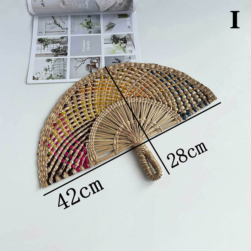 Hand-woven Straw Fan Decorative Handmade Semicircular Woven Fan Summer Cooling Fan Handheld Fan Home Decor: plum