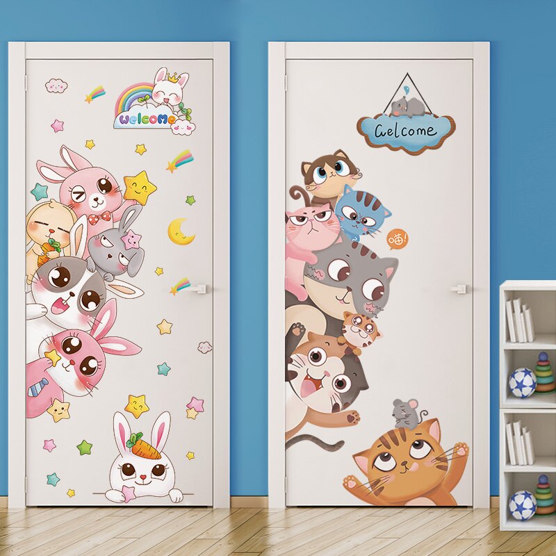 Cartoon Katten Muurstickers Vinyl Diy Dieren Mural Decals Voor Kinderen Kamers Baby Slaapkamer Kinderen Nursery Deur Woondecoratie: cats and rabbits