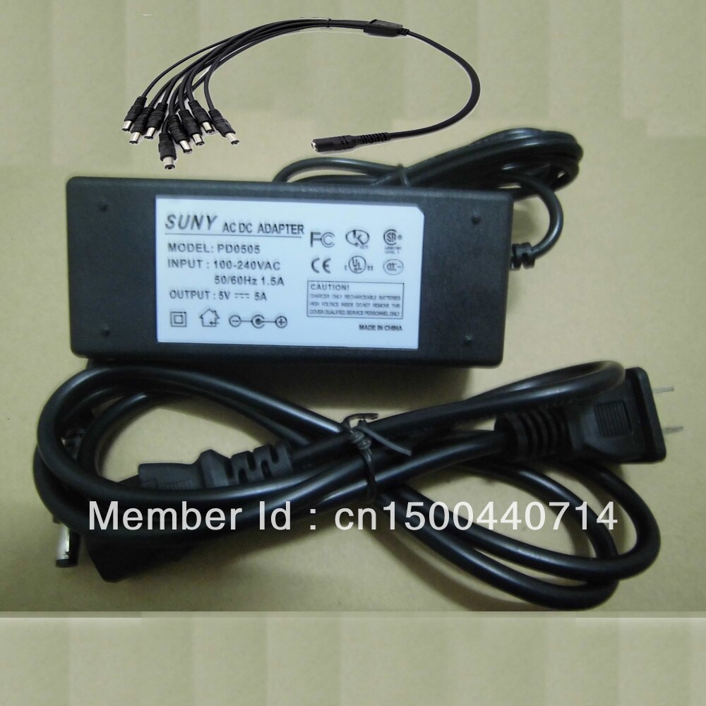Us Plug 5V 5A Ac/Dc Adapter Voeding 8 Port Splitter Pigtail Voor Cctv.