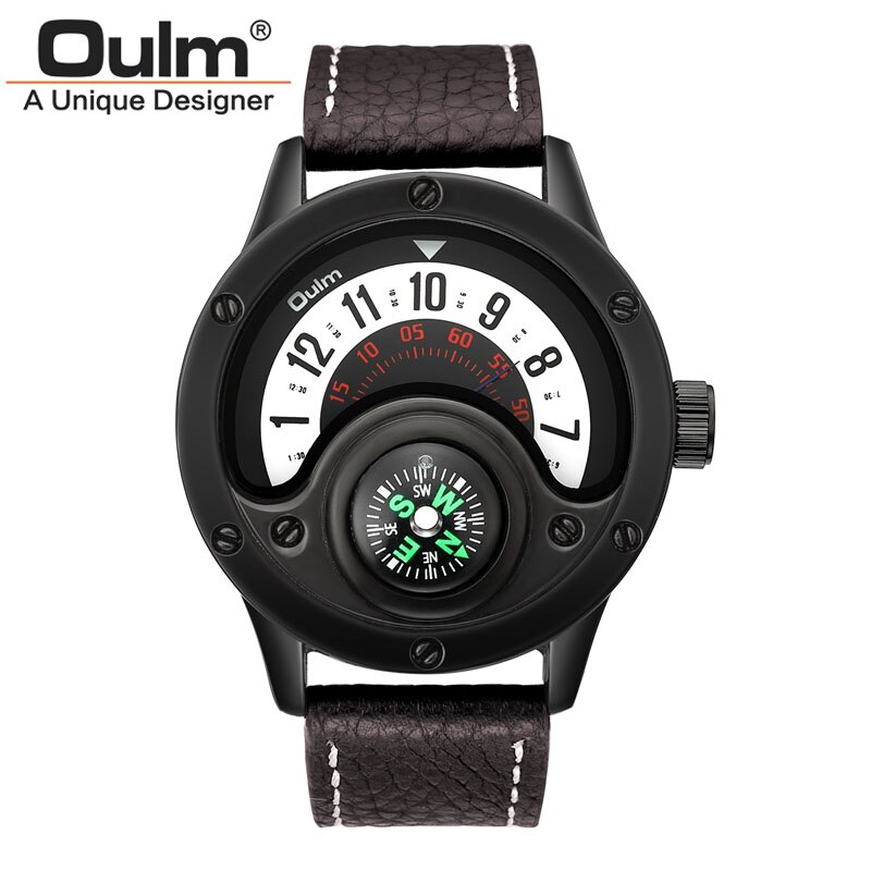 Oulm 3880 Mannen Luxe Sport Quartz Horloge Mannen Lederen Horloges Decoratieve Kompas Big Size Man Horloge Relogio Masculino: Brown