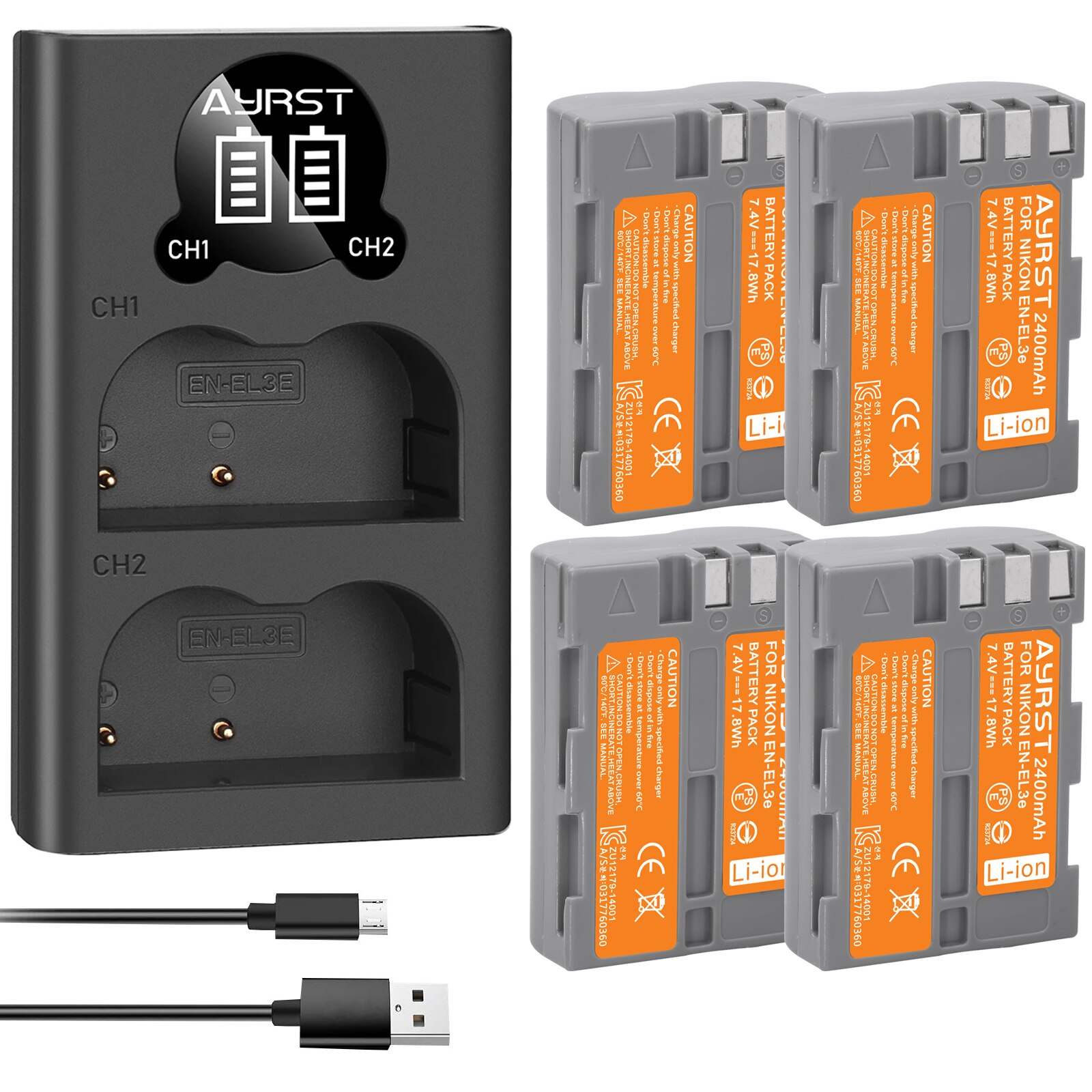 2Pcs 2400mAh EN-EL3e EN EL3e ENEL3e EL3E Batteries and Charger For Nikon D30 D50 D70 D70S D90 D80 D100 D200 D300 D300S Battery: 4batteryand1charger