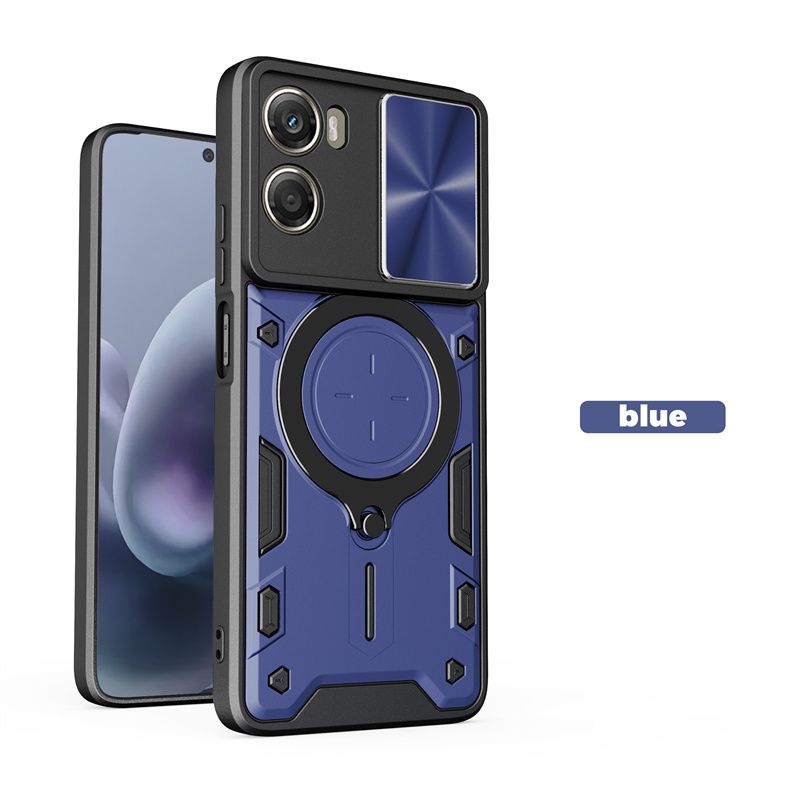 Voor Moto G86 G56 G06 Power Case Shockproof Armor Slide Camera Bescherm Back Cover voor Motorola G86 56, magnetische Ring Houder Cover: Hout / Blauw