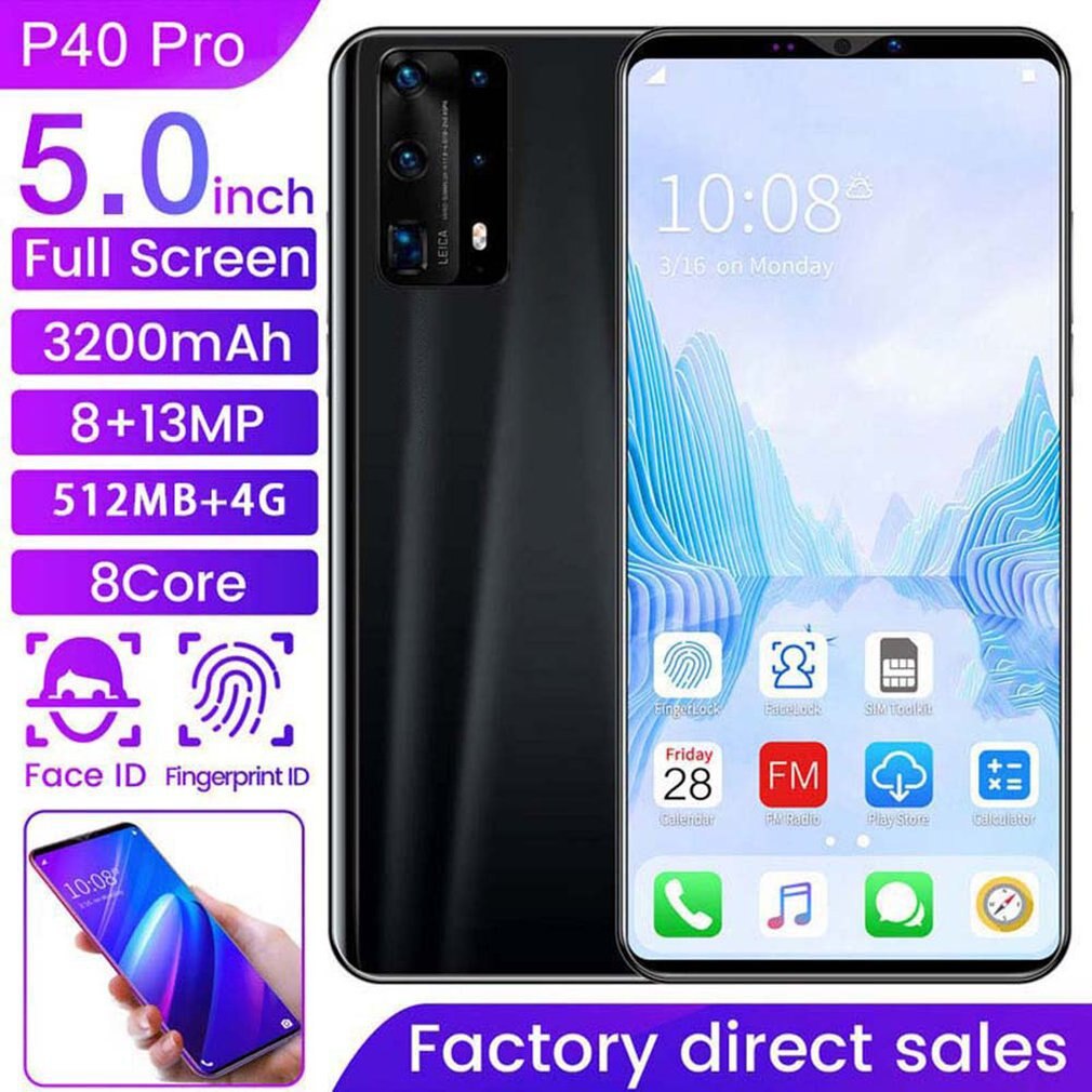 Dual-Core P40 Pro Smartphone 5 Inch Screen Smartphone 512M+4G Android Smartphone 3D Glass Plated Back Cover