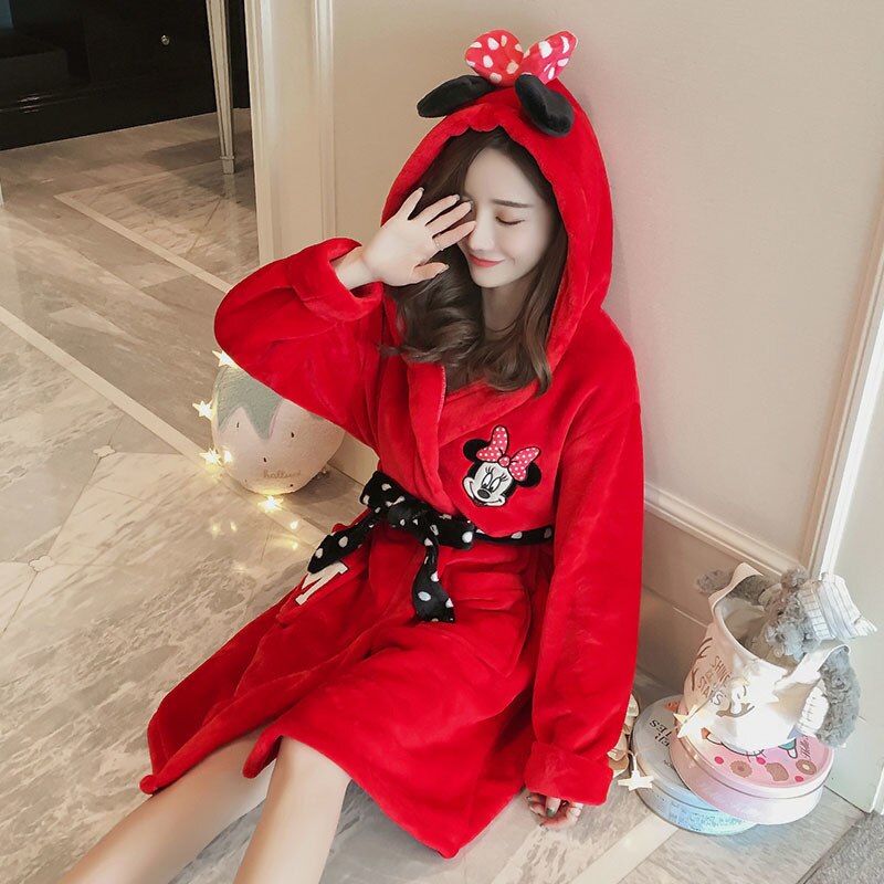 Winter Bathrobe Women Pajamas Bath Flannel Warm Robe Sleepwear Womens Robes Coral Velvet Cartoon Lovely Nightgowns Homewear