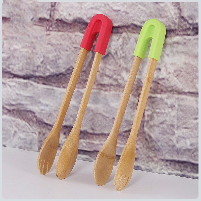 Pinzas para comida de bambú tostar, pastel de madera, ensalada bolsa con Clip para aperitivos, mango de silicona, pinzas para pan y barbacoa, utensilios de cocina, pinchos