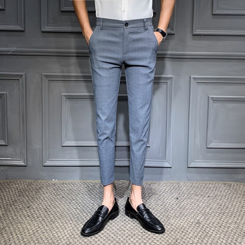 Brittisk stil herr rutiga byxor sommar affärsformella byxor för män slim fit ankellånga kontorsbyxor herr 34-28