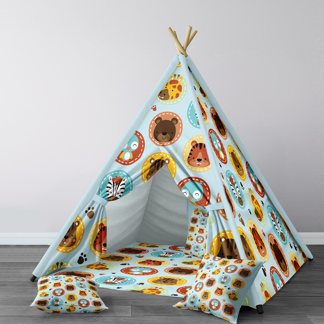 Spielzelt für kinder, wigwam, tragbares indoor-spielzelt für kinderzimmer, hellblau, tiermotiv, vogel, zebra, modell 172