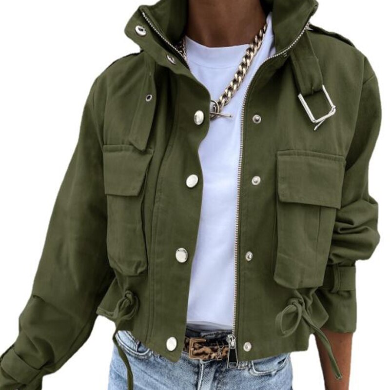 Chaqueta de otoño con cordón para mujer, chaqueta fina corta informal con hebilla y cremallera, abrigo de una botonadura,