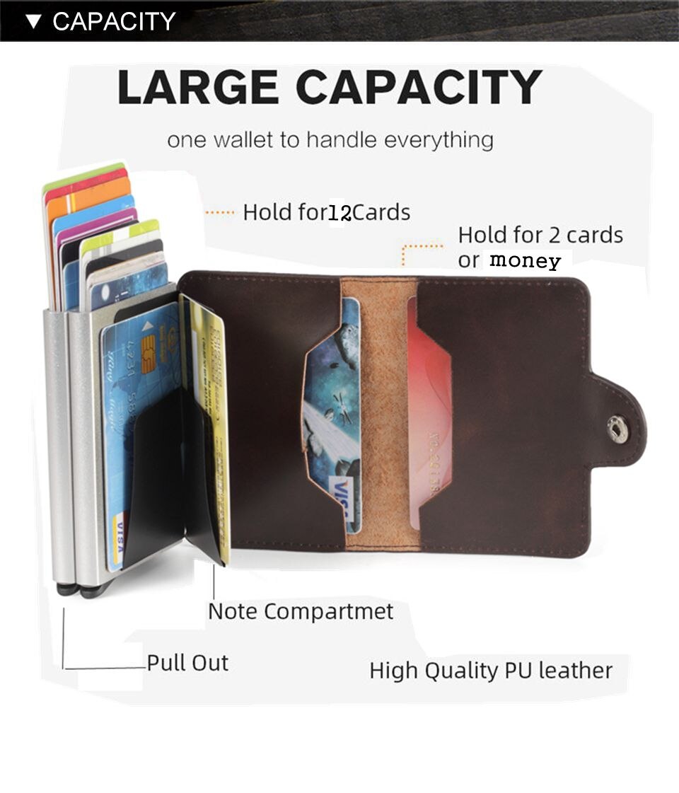 Porte-monnaie en cuir et métal pour hommes, double porte-monnaie en aluminium, antivol automatique, porte-cartes d'identité