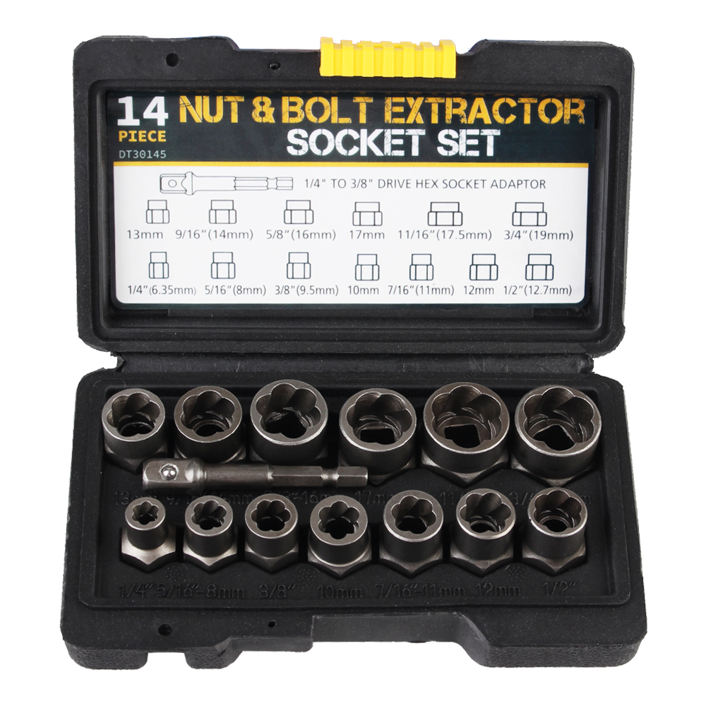 Bolt Nut Remover Socket Set Damaged Screw Extractor 14pcs Cr-Mo Steel Hand Tools 6.35mm-19mm Car Tool Kit