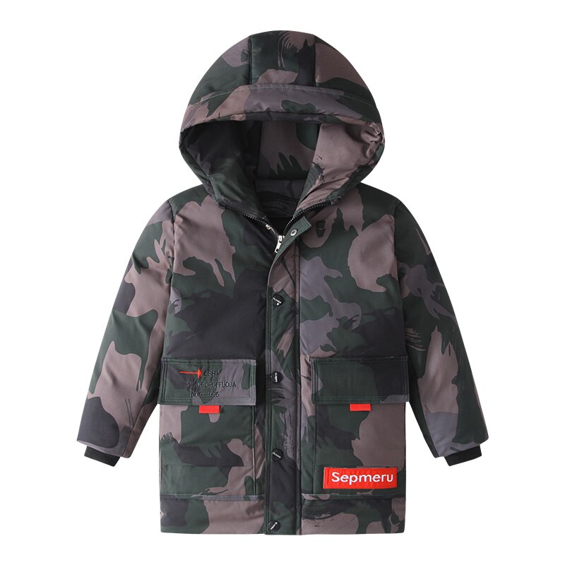 Babyjongens winterjas bedrukt camouflage verdikking trenchcoat 4-13 jaar oud borduurwerk label capuchon kinderwinterkleding