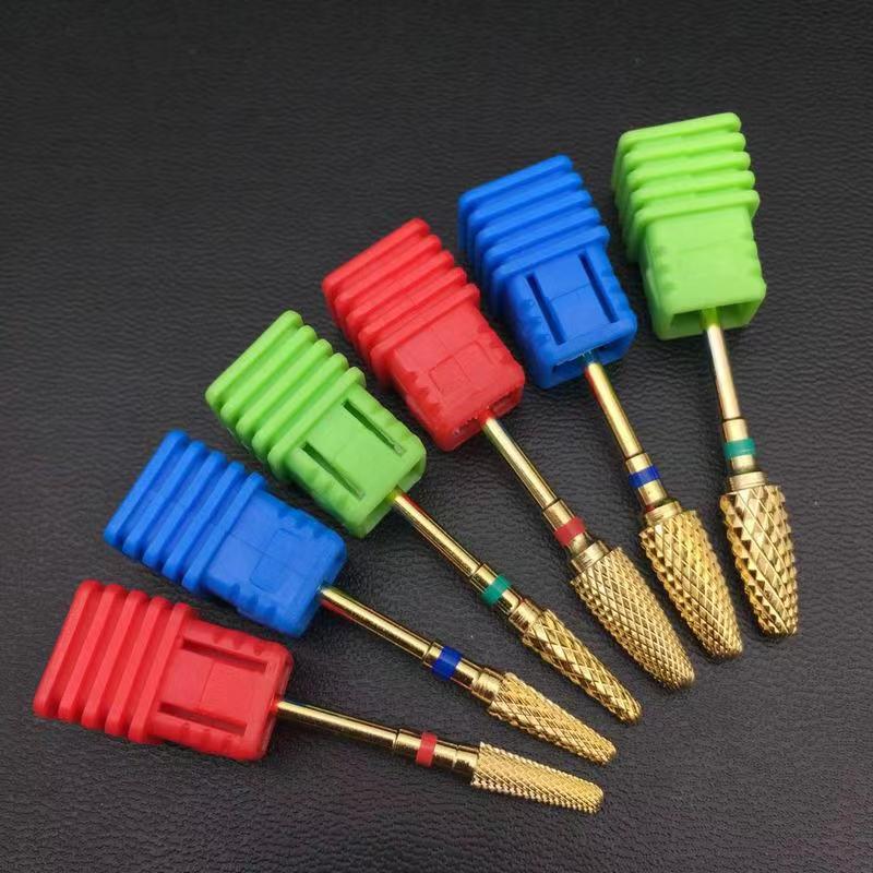 6 tipos de brocas de carburo en forma de maíz, máquina eléctrica para manicura, fresa, accesorios giratorios para uñas de uña dorada