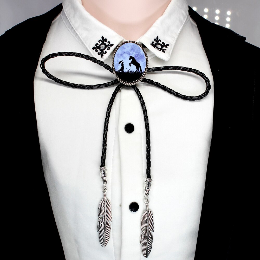 HZSHINLING Running Horse Bolo Tie Antique White Unicorn Horse glass photo cabochon Leather neck ties Necklace: 12