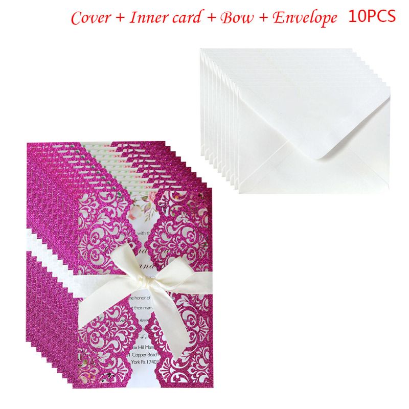 10 stk / sæt bryllupsinvitationskort med bånd hule blonder konvolutter forlovelse brude baby shower fødselsdagsfest forsyninger: Hot pink