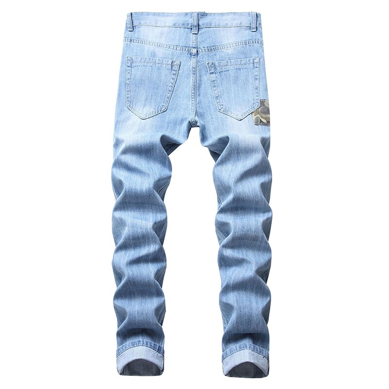 Män bär rippade hål jeans långa ruin hål rak lapp ljusblå tvättade byxor stor storlek byxor