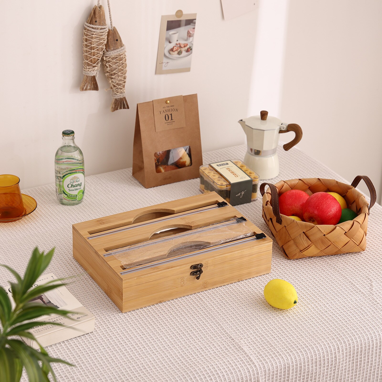 Kitchen Cling Film Holder Refillable Food Wrap Dispenser Tin Foil Storage Roll Cling Film Organizer With Slid Cutter