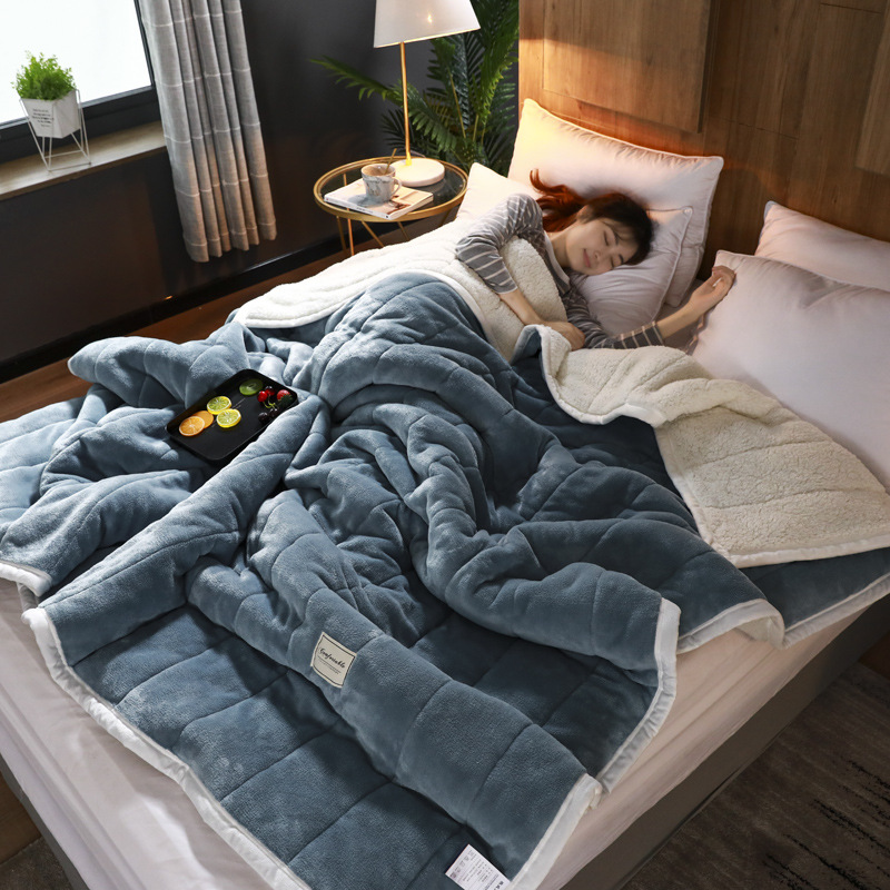 Coral Fleece Deken Stitch Quilt Dutje Rust Washandje Hoes Lamswol Beddengoed Verdikt Warm Zacht Warm Coral Fleece Deken: 100x140cm / Blauw