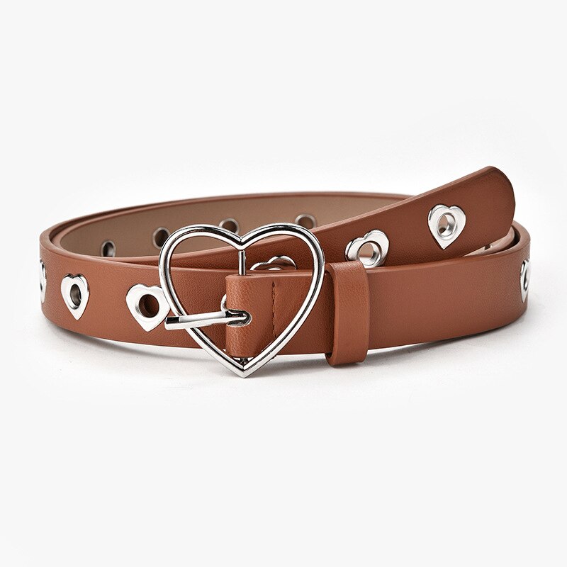 Cinturones de cadena Punk para mujer, banda para vaqueros con ojales con doble fila ajustable, cinturones decorativos: Heart Brown