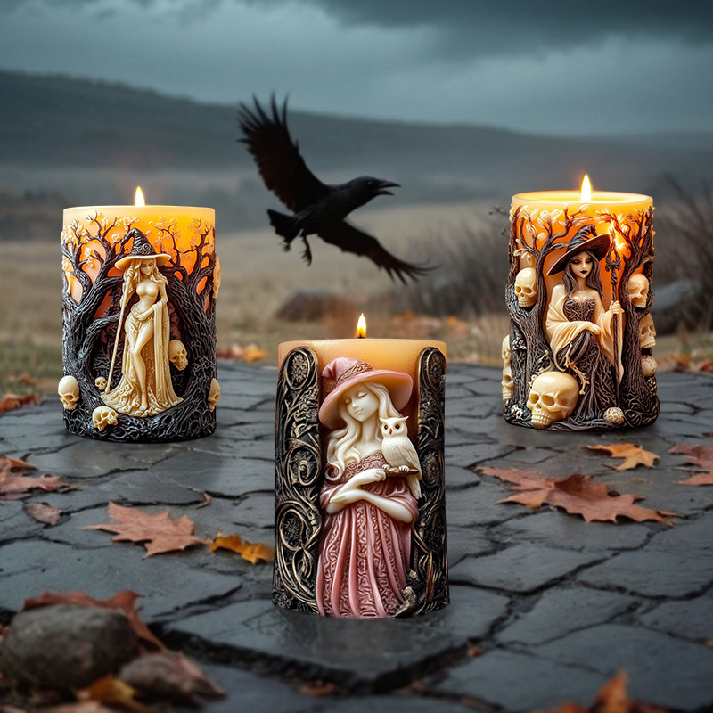 2025 Hexe Zylinder Kerze Silikonform Totenkopf Relief Zylinder Harz Silikonform Halloween Hexe Zylinder Gips Formen
