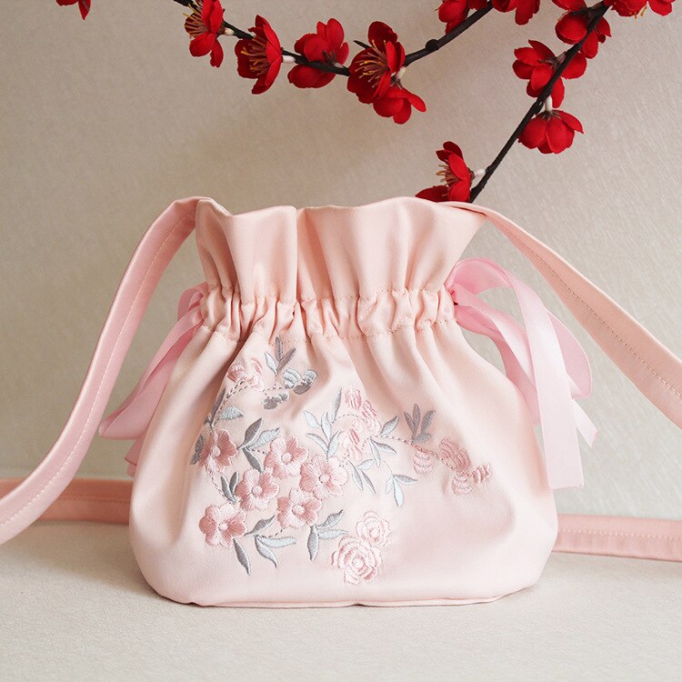 Satin Embroidered Hanfu Bag Versatile with Drawstring Strap Mouth Bag Ancient Style Women's Bag Artistic Canvas Shoulder Bag