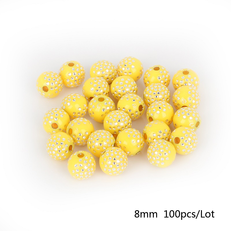 100 stk 8mm farverige runde akrylperler rhinsten charme perler til smykkefremstilling gør-det-selv håndværk scrapbog dekoration: Gul