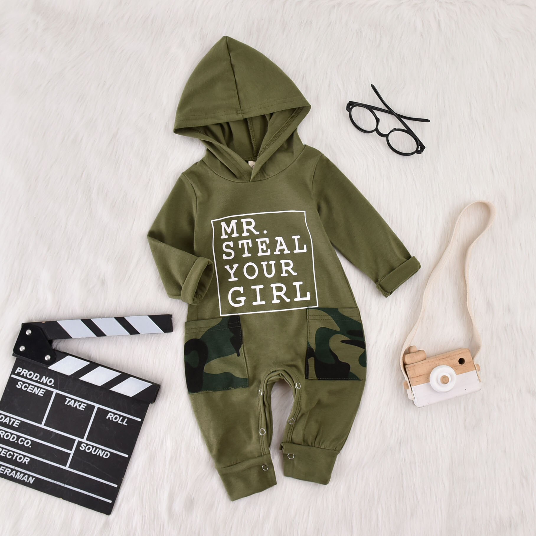 0-18M Infant Baby Boys 100% Cotton Romper Floral Print Long Sleeve Hooded Jumpsuit Spring Autumn Playsuits Army Green/White