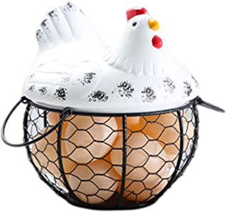 Chicken Shape Ceramic Chicken Shaped Lid with Round Wire Basket Base and Handles Egg Holder Home Storage Basket Holder
