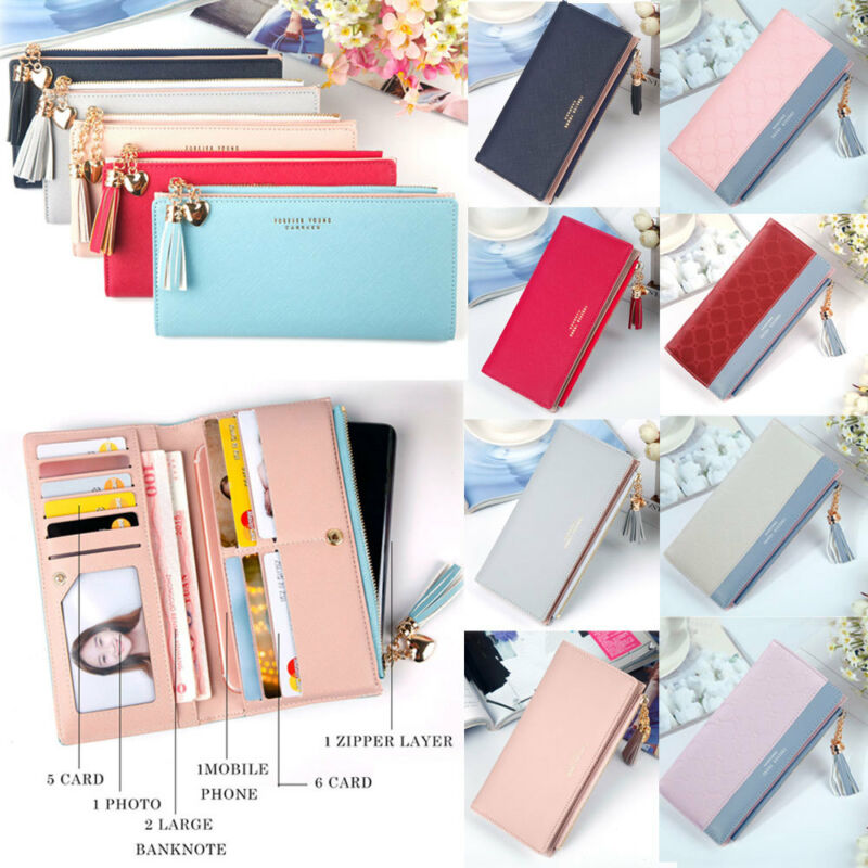 Women PU Leather Zipper Wallet Purse Long Card Holder Bag Phone Handbag Fine Suture Dazzling Tassel Decoration