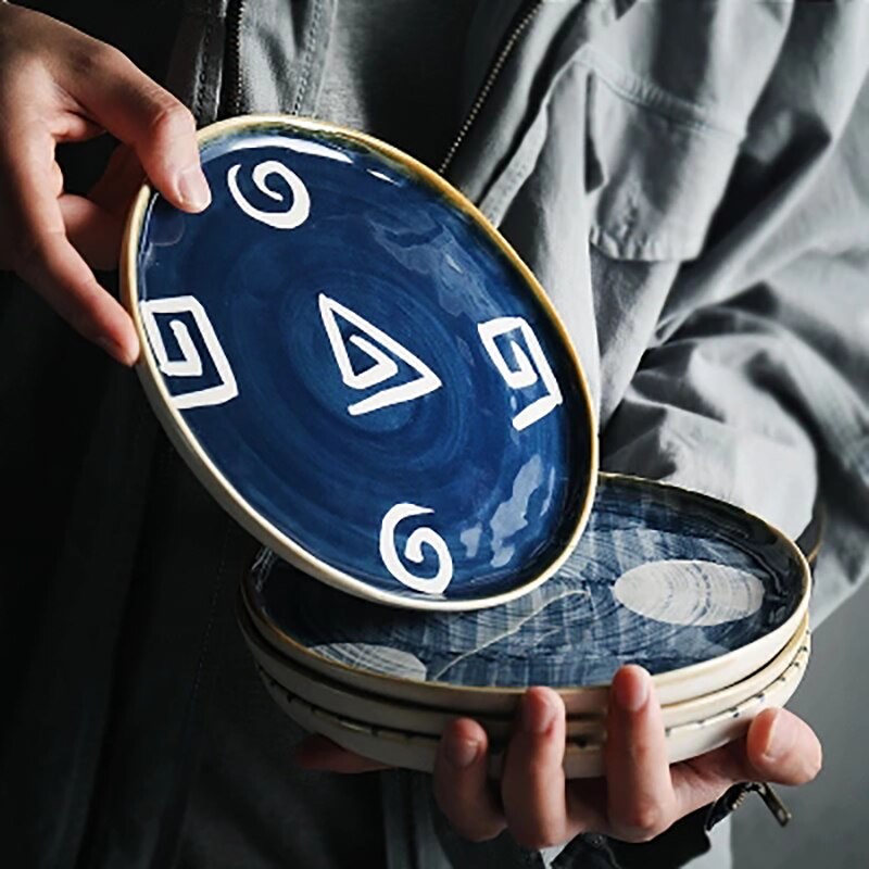 Ceramic Geometric Pattern Dinner Plates Originality Dish Kitchen Utensils Home Retro Persona Art Tableware Decor 8/10 Inch