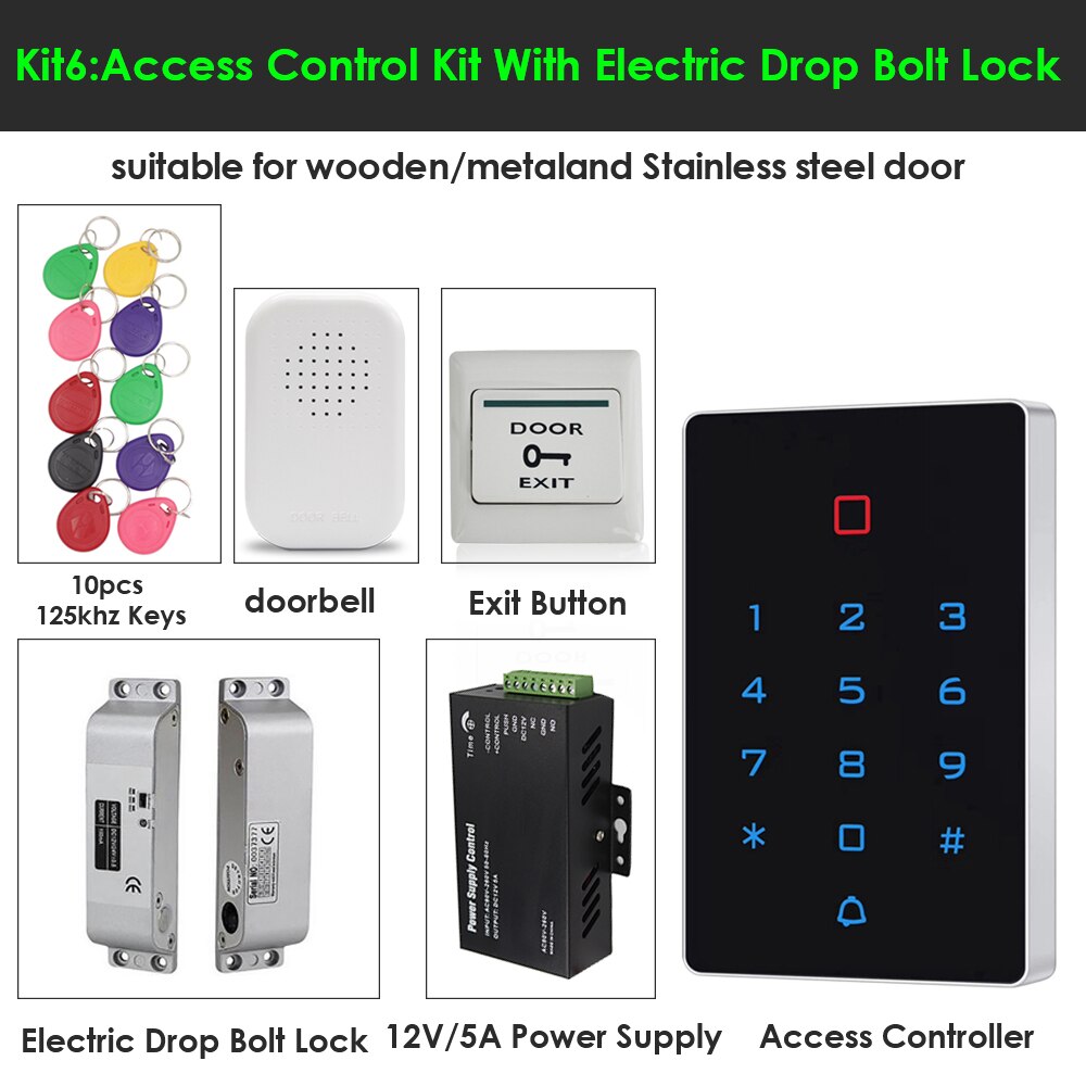 Backlight Standalone Keypad RFID Access Control Kit Electronic Door Access System Power 125KHZ Access Control Kits with WG 26: Kit 6