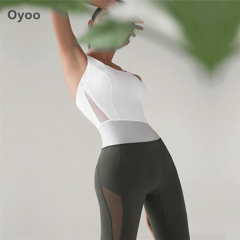 Oyoo ét stykke gymtøj mesh yoga jumpsuit rygløs træningssæt slank sportsdragt kvinder balletdans bodysuit- bh & leggings