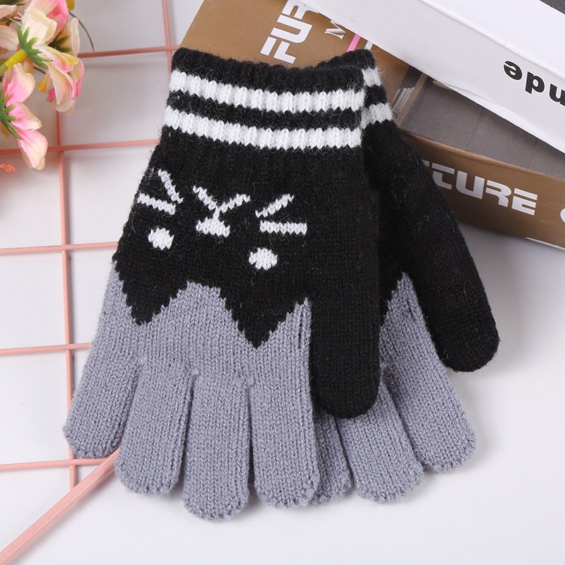 1 Pair Cat Splice Mittens Winter Baby Boys Girls Knitted Gloves Warm Rope Full Finger Mittens Gloves for Children Toddler Kids