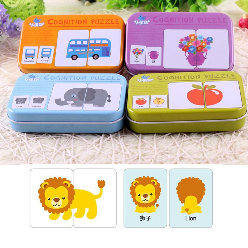 Kids Baby Cognitive Puzzle Cards Montessori Educational Toys Matching Game Cartoon Vehicle Animal Fruit English Learning Cards