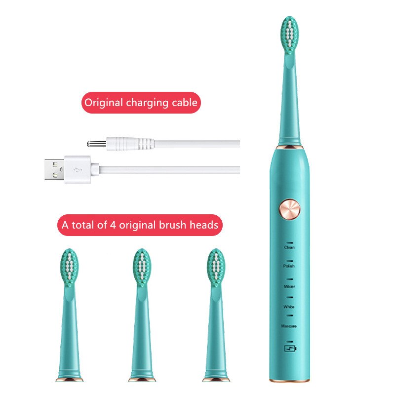 VIP Powerful Ultrasonic Sonic Electric Toothbrush USB Rechargeable Tooth Brush Adult Electronic Washable Whitening Teeth Brush: YS003-Green 4 heads