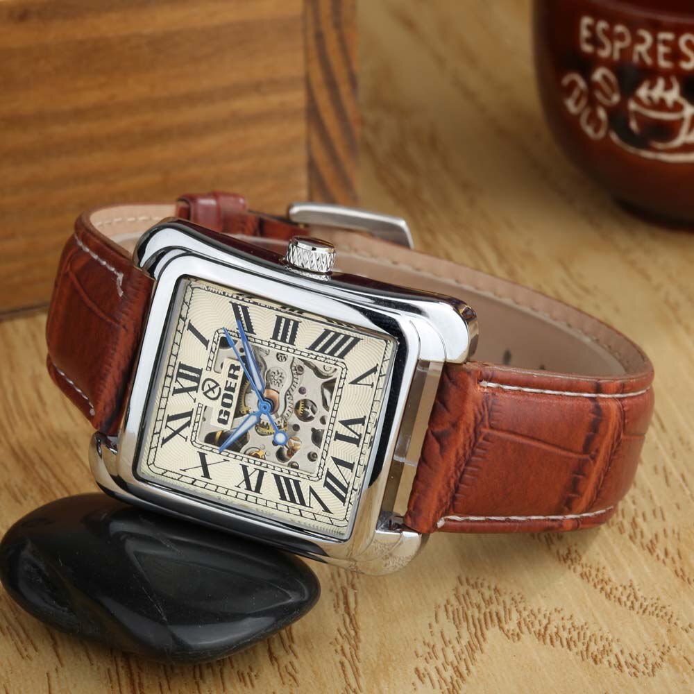 Top Luxe Vierkante Automatische Mechanische Skeleton Horloges Pu Leather Casual Heren Horloges Relogio Masculino Goer