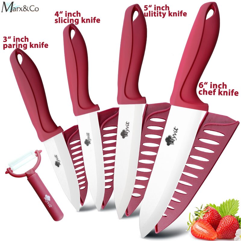 Ceramic Knife 3 4 5 6 inch Knives Kitchen Set White Blade Chef Utility Paring Vegetable Slicing Ceramic Knives With Peeler Set: 3456 RED