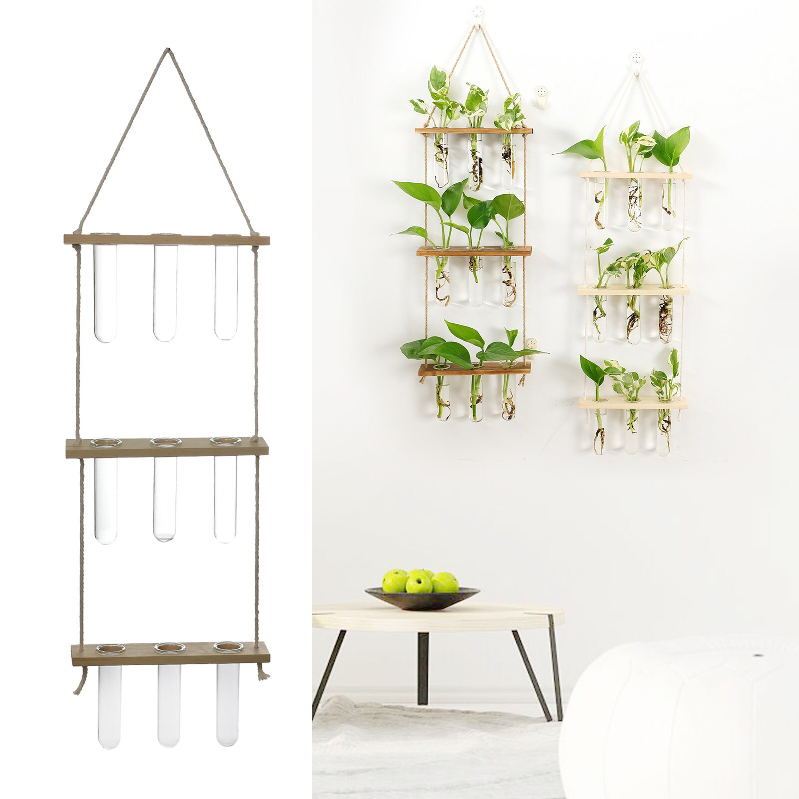 Prüfung Rohre Glas Pflanzer Zauberstab Hängen Terrarium Container Blume Knospe Vase mit Holz Halfter für Ausbreitung Wasserkulturanlage: natürlich Holz