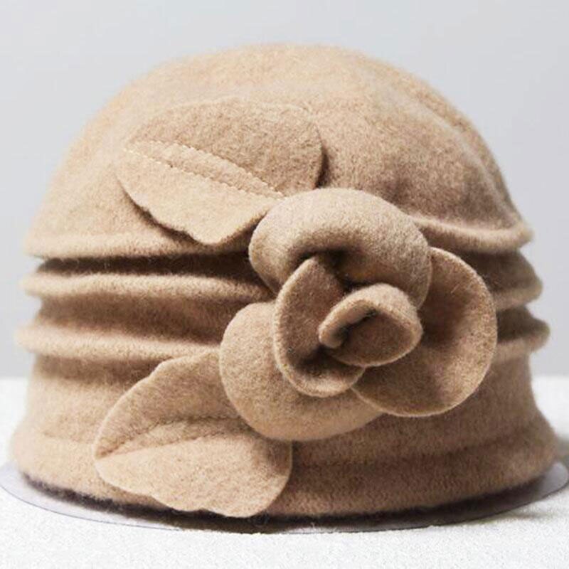 Chapeau melon cloche pour femme, 100%  chapeaux derby en feutre de laine avec fleur, bleu, rouge, kaki, gris, noir, rose: Kaki