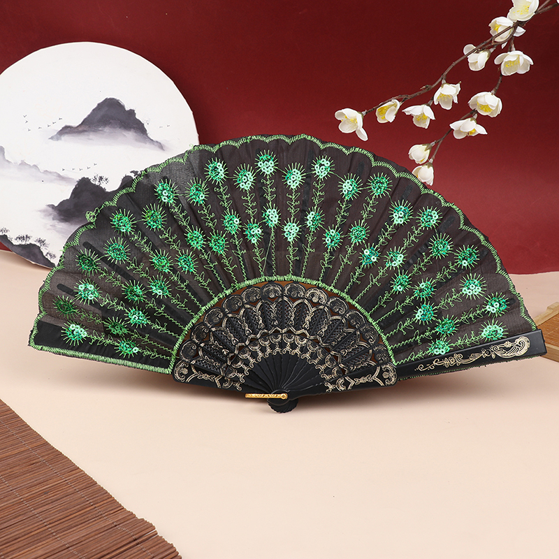 Zijde Fan Vouwen Fan Wedding Art Pauw Sequin Dansen Fan Hand Held Fan Woondecoratie
