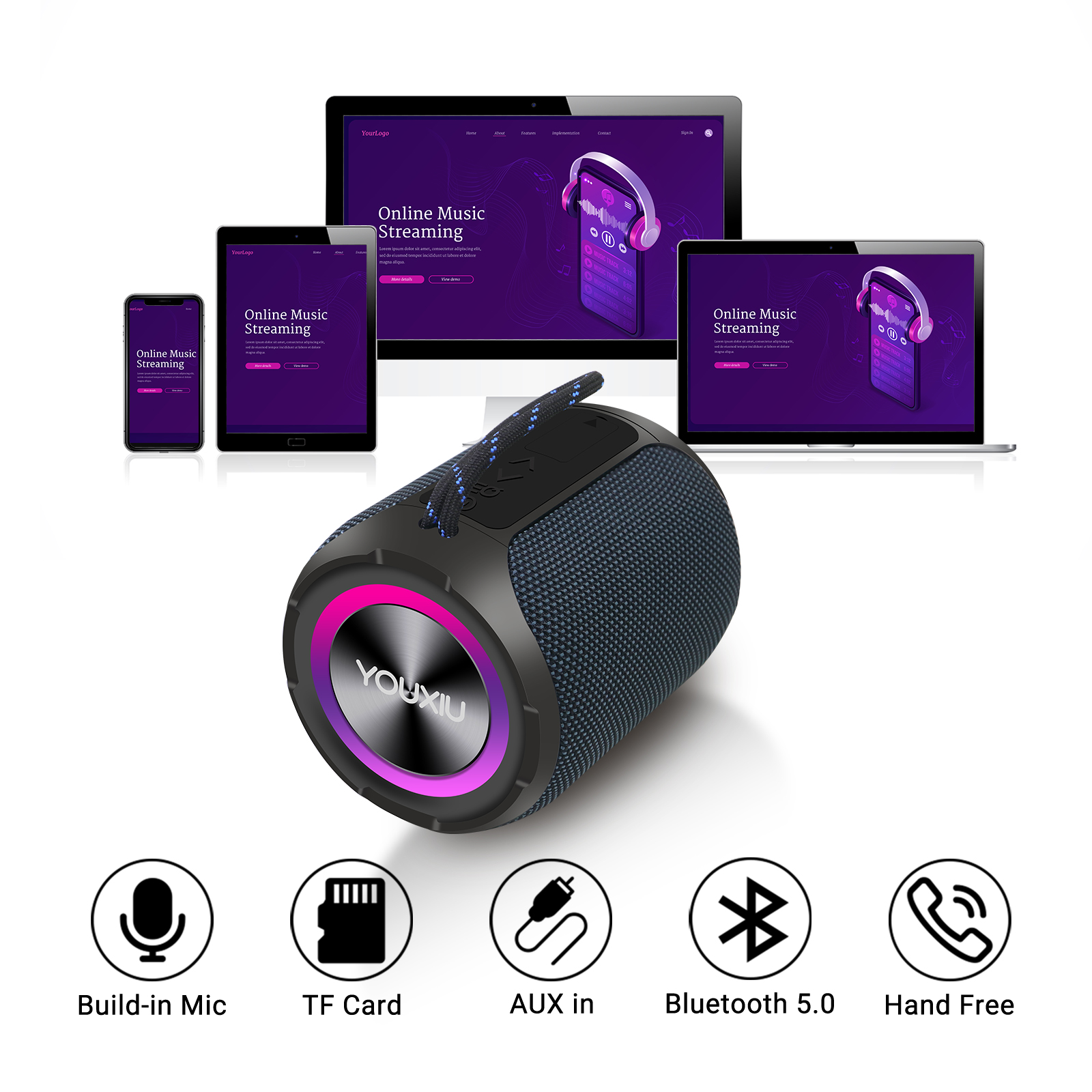 Bärbar bluetooth-högtalare  bt5.0 ipx 7 vattentät stereomusik surround trådlös högtalare med led-ljus subwoofer utomhushögtalare