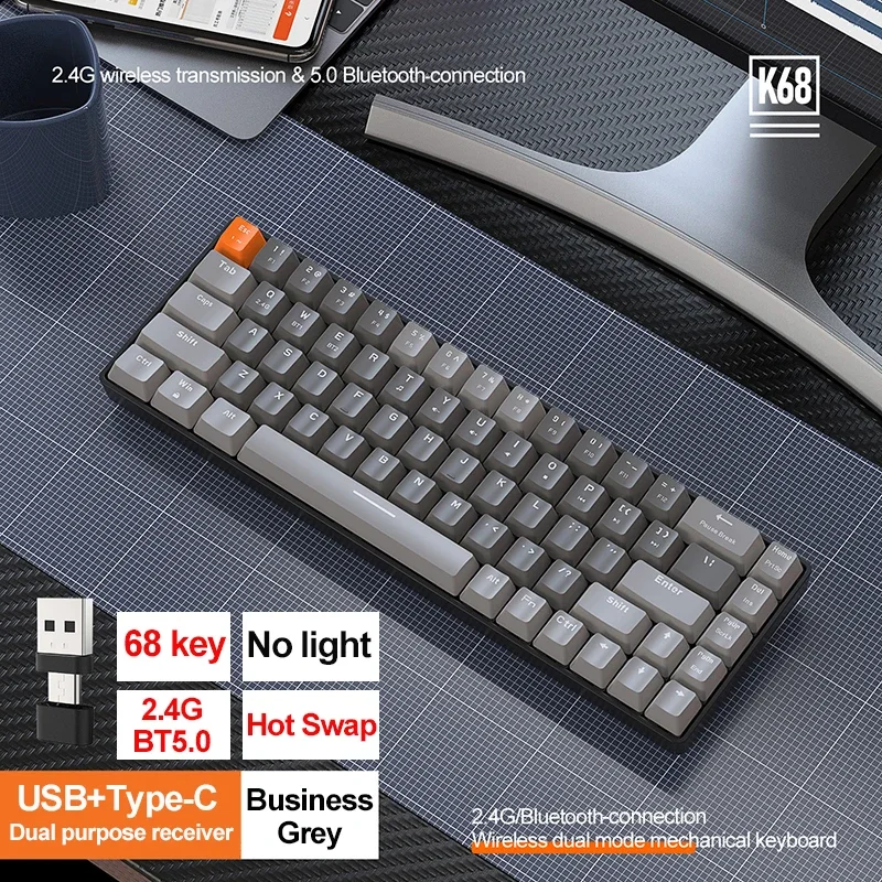 K68 2.4g/bt5.0 mekaniske spilltastaturer, 68 smakebit med hotswap, mini mekanisk spilltastatur, pbt-tastehetter, 65%  tastaturer: Marineblå / Blå bryter