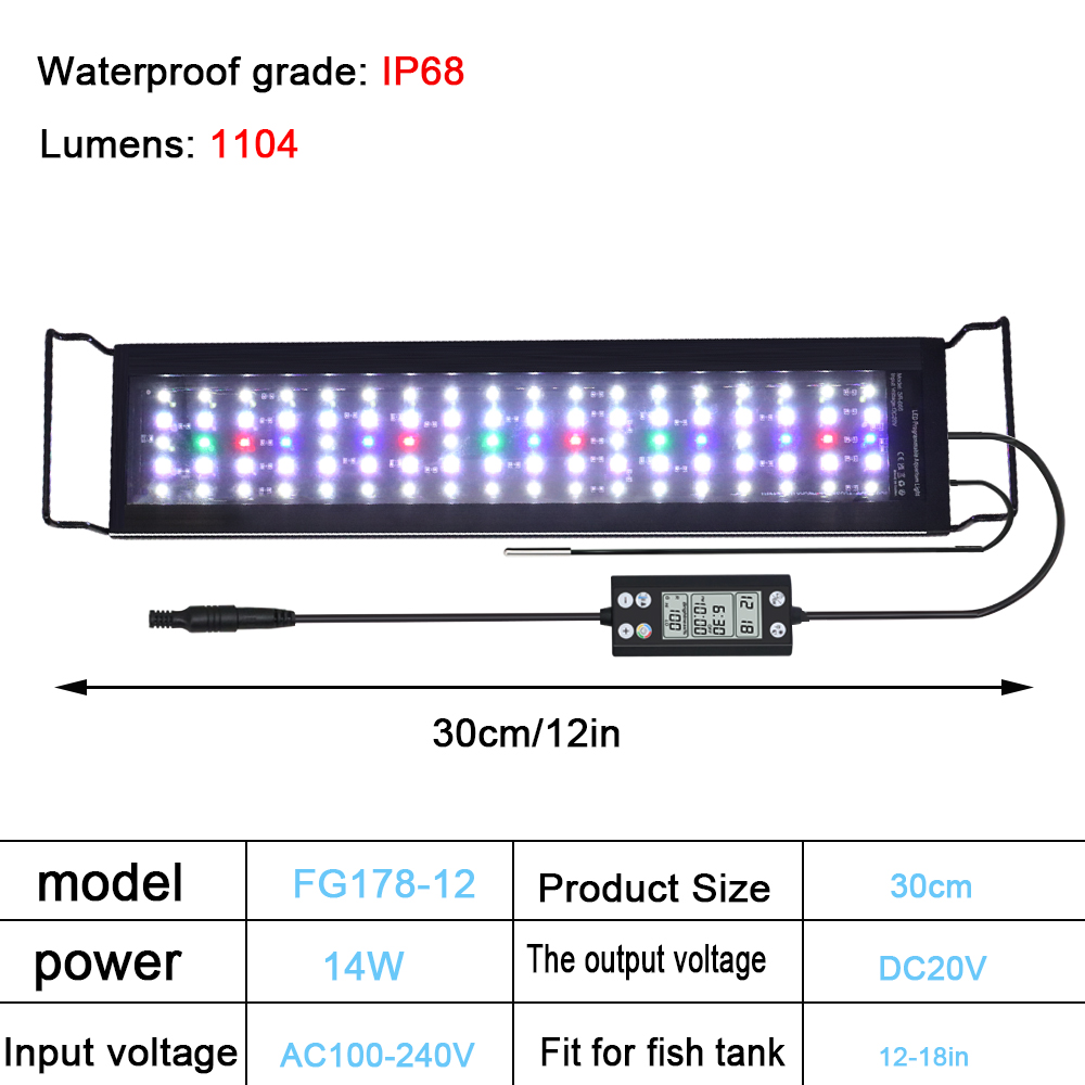 Luz LED de iluminación de espectro completo para acuario, 30-60cm, 24/7, con termómetro y función de memoria, lámpara para plantas y peceras, IP68, 100V-240V: Blanco / Enchufe estadounidense
