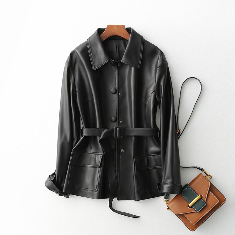 Fitaylor kvinder grøn læderjakke med bælte afslappet faux læderjakker damer single-breasted basic coat highstreet outwear