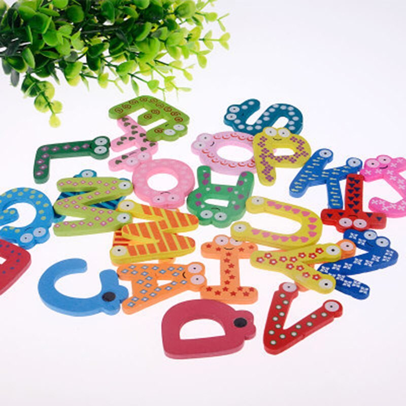 Brinquedos para bebês, 26 peças de letras, alfabeto de madeira para crianças, ímã de geladeira educacional, adesivo de geladeira lbv
